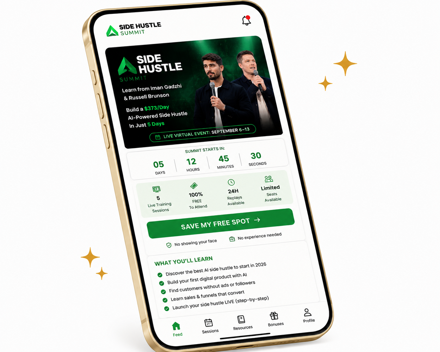 Side Hustle Summit mobile view with countdown timer and Save My Free Spot button