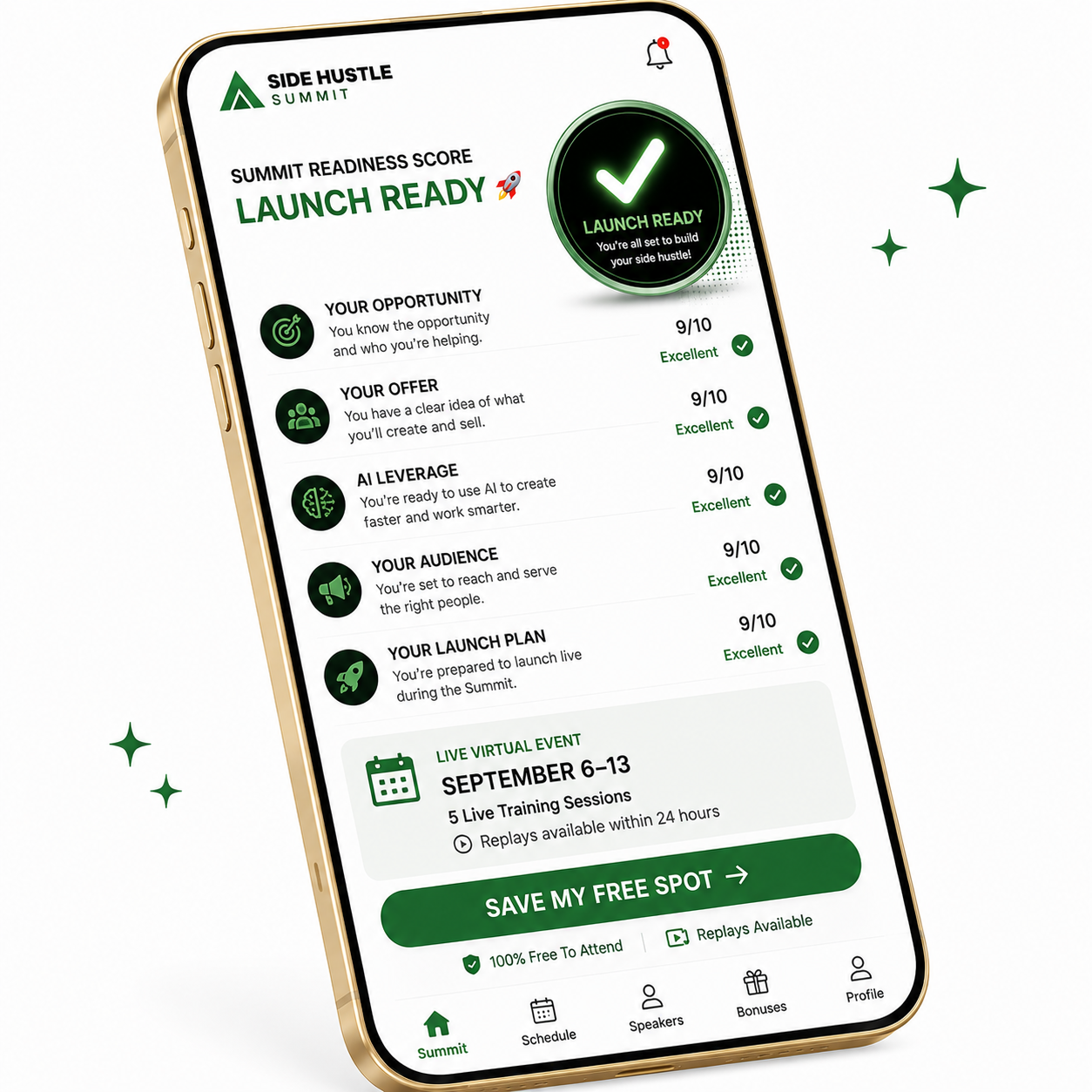 Summit readiness score screen showing Launch Ready status across opportunity, offer, AI leverage, audience, and launch plan